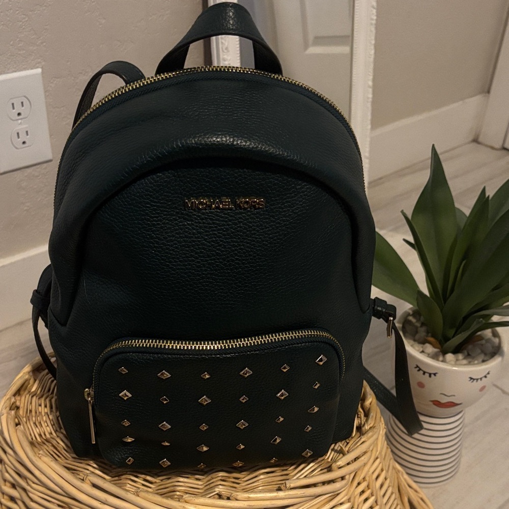 Michael Kors Dark Green Backpack with Gold Accents